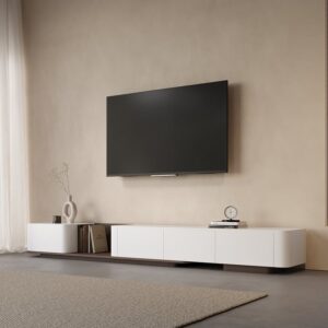 Walnut & Off White Modern Wood Extendable TV Stand with 4 Drawer Retracted Cream Media Console