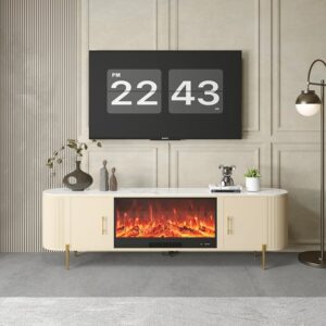 78.7" Modern Fireplace TV Stand, Electric Fireplace with Storage and Sintered Stone Top in Beige