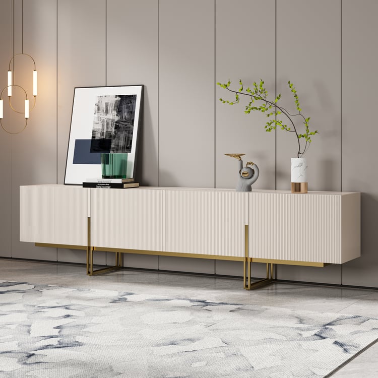 Grovyn 95 inch ribbed TV stand with sintered stone top and storage space