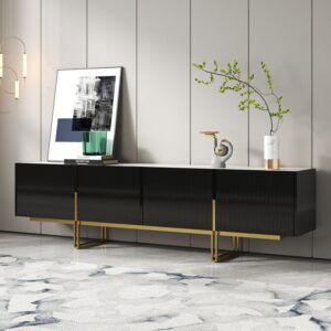 87" Modern TV Stand, Minimalist Media Console with Wood Storage in Black