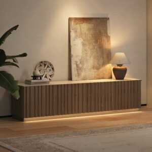Aura 2130mm Ash Wood Slatted Natural TV Stand with Sintered Stone Top