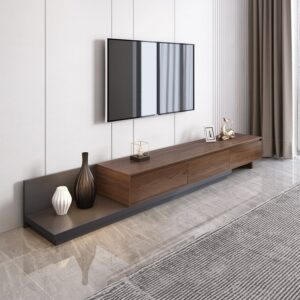 79"-142" Modern TV Stand, Extendable Media Console with 3 Drawers in Walnut and Gray