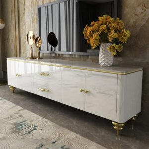 85" Freestanding TV Stand, Modern Media Console with 3 Drawers and Faux Marble in White