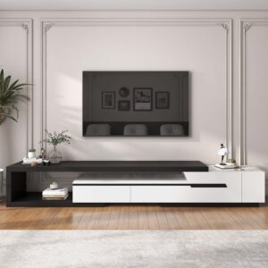 Modern Extendable TV Stand White & Black with Storage & Bookshelf & Drawer