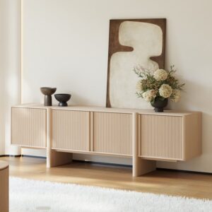 80" Solid Wood Fluted Whitewash TV Stand with Cabinets