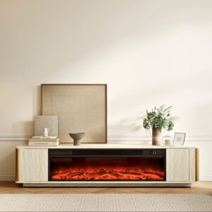 79" Travertine Veneer Electric Fireplace TV Stand with Storage in Oatmeal For living Room