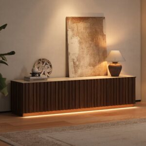 Aura 83" Ash Wood Slatted Walnut TV Stand with Sintered Stone Top