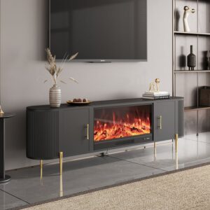78.7" Modern Fireplace TV Stand, Electric Fireplace with Storage and Sintered Stone Top in Black