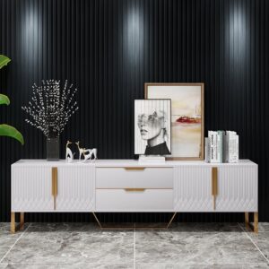 Aro Modern White Wood Rectangle TV Stand with Storage Media Console with Gold Legs