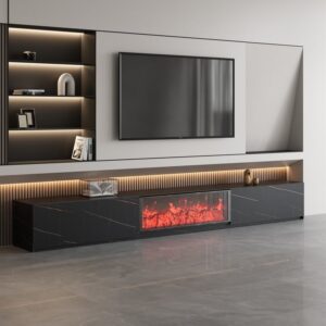 87" Electric Fireplace TV Stand, Sintered Stone Media Console with 2 Drawers in Black