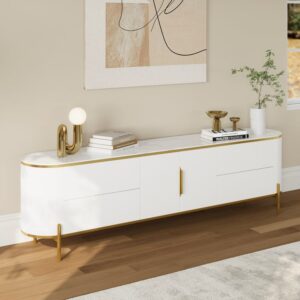 Modern Elegant Oval TV Console with Drawers & Doors in White