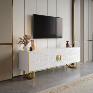 Art Deco White TV Stand with 4 Doors and 6 Shelves