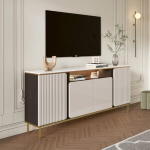 Sintered Stone Top Tall Beige TV Stand with 4 Doors & 5 Shelves