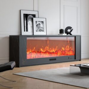 70.9" Electric Fireplace TV Stand, Modern Marble Media Console in Black