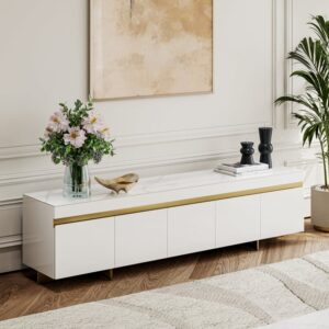 86" White Sintered Stone Top TV Stand with 4 Drawers
