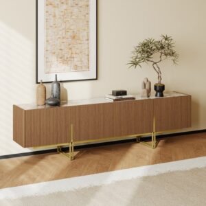 87" Modern TV Stand, Minimalist Media Console with Wood Storage in Walnut