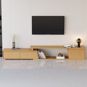 71"-110" Mid-Century Modern TV Stand, Wood Media Console with 3 Drawers and Extendable Design