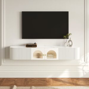 Modern White Floating Media Console Wall-Mounted TV Stand with Storage Sintered Stone Top for 1800 TV