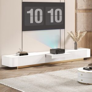 White Wood Fluted Low TV Stand for Projector with 5 Drawer Modern Stone Top
