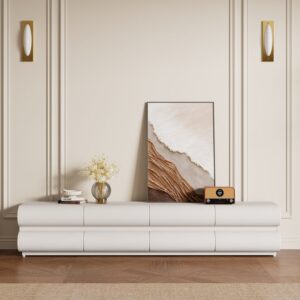 79" Modern TV Stand with 8 Drawers, Wooden Media Console with Faux Leather Finish
in White