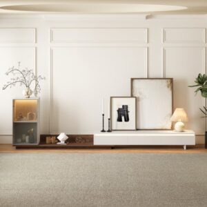 Fero Retracted & Extendable 3 Drawers TV Stand with Bookcase & LED Lighting in White & Walnut & Gray Up to 155"