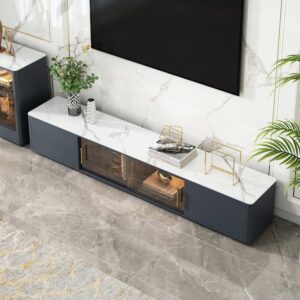 Modern Dark Grey TV Stand Stone Top 4-Drawer Glass Doors Media Console in Large