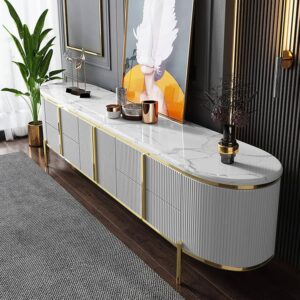 Gline Modern Oval TV Stand White Marble Top with Drawers & Storage for  2159mm TV