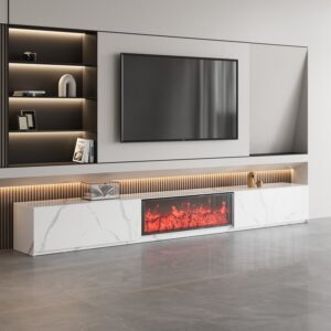 87" Electric Fireplace TV Stand, Sintered Stone Media Console with 2 Drawers in White