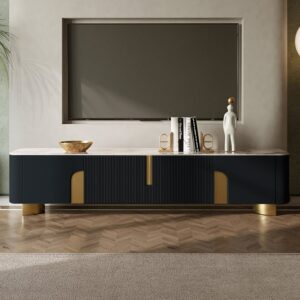 78.7" Modern TV Stand, Stone Top Media Console with 4 Doors in Black