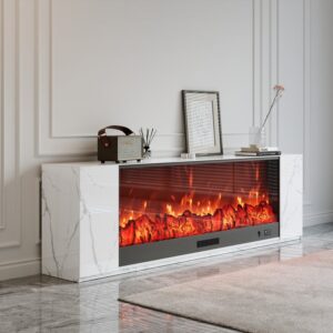 87" Electric Fireplace TV Stand, Modern Media Console with Sintered Stone in White