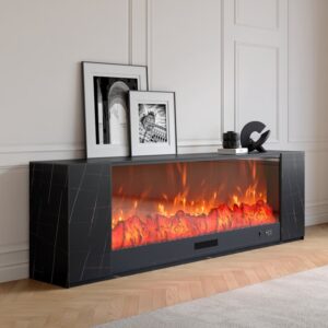 87" Electric TV Stand, Modern Media Console with Fireplace and Sintered Stone in Black