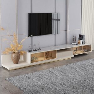 110.2" Extendable TV Stand, Media Console with LED Light and Storage in Light Khaki
