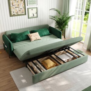 Pull-Out King Sofa Bed with Storage, 3-Seater Green Velvet Sleeper Sofa (78.7")