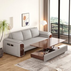 Grey Pull Out Sofa Bed Convertible Leath-Aire Sleeper with Lift-top Coffee Table