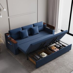 Pull-Out King Sofa Bed with Storage & USB, 3-Seater Linen Blue Sleeper Sofa(82.7")