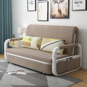 Up to 74.8" Cotton and Linen Sofa Bed Khaki Sleeper Sofa Loveseat with Solid Wood Frame
