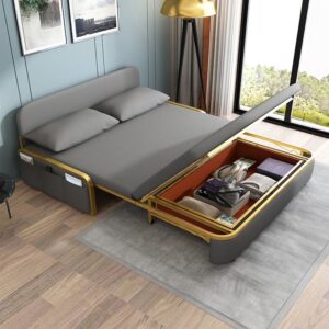 Double Size Grey & Gold Air Leather Convertible Sleeper Sofa Bed with Storage