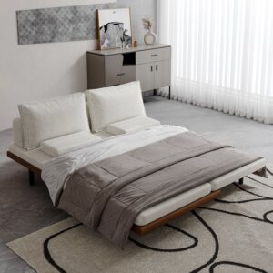 Mid Century Modern Pull Out Sofa Bed White Wood Convertible Sleeper Sofa Cotton & Linen