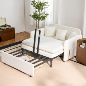 Pull-Out Full Sofa Bed with Storage, 2-Seater White Boucle Sleeper Sofa (53.5")