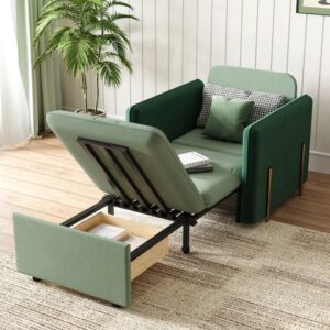 Pull-Out Sofa Bed with Storage, 1-Seater Green Velvet Sleeper Sofa (33.9")