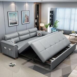 Pull-Out Queen Sofa Bed with Storage, 2-Seater Leath-Aire Light Gray Sleeper Sofa (74")