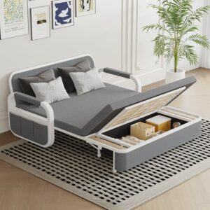 Up to 74.8" Cotton and Linen Sofa Bed Light Gray Sleeper Sofa Loveseat with Solid Wood Frame