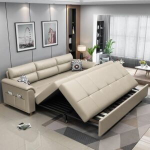 Pull-Out Queen Sofa Bed with Storage, 2-Seater Leath-Aire Beige Sleeper Sofa (74")