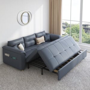 Pull-Out Queen Sofa Bed with Storage, 2-Seater Leath-Aire Deep Gray Sleeper Sofa (74")