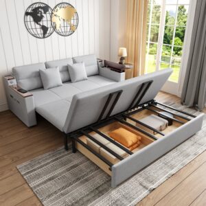 Pull-Out King Sofa Bed with Storage & USB, 3-Seater Linen Gray Sleeper Sofa(82.7")