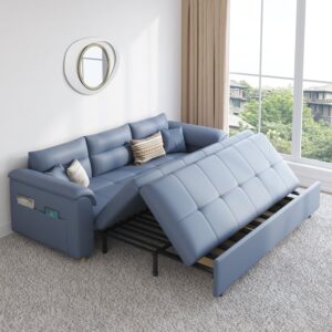 Pull-Out Queen Sofa Bed with Storage, 2-Seater Leath-Aire Blue Sleeper Sofa (74")