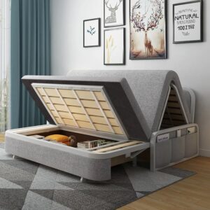 Modern Light Gray Cotton Linen Upholstered Convertible Pull Out Sofa Bed Storage