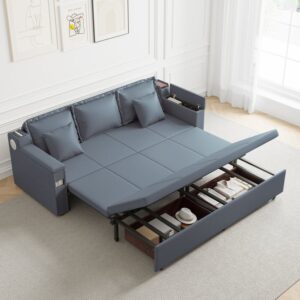 Pull-Out King Sofa Bed with Storage & Bluetooth, 3-Seater Leather Deep Gray Sleeper Sofa(82.7")