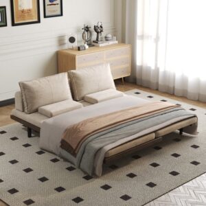 Mid Century Modern Pull Out Sofa Bed Khaki Wood Convertible Sleeper Sofa Cotton & Linen