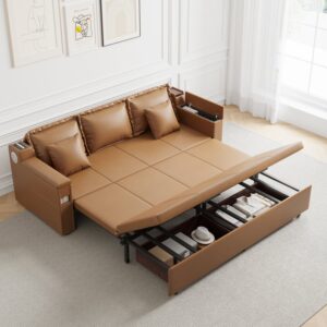 Pull-Out King Sofa Bed with Storage & Bluetooth, 3-Seater Leather Brown Sleeper Sofa(82.7")